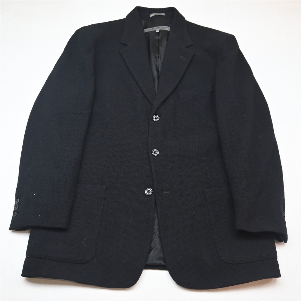 Vtg Y2K Structure 44R Black Wool Slub Tweed Strong Shoulder Blazer Sport Coat